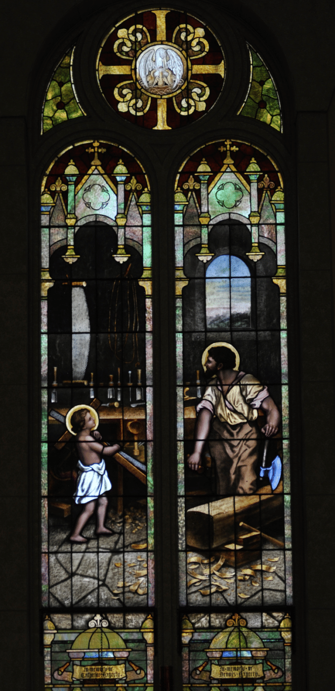 Stained glass of Saint Joseph and the Child Jesus in the workshop from Visitation Church, Vienna, MO