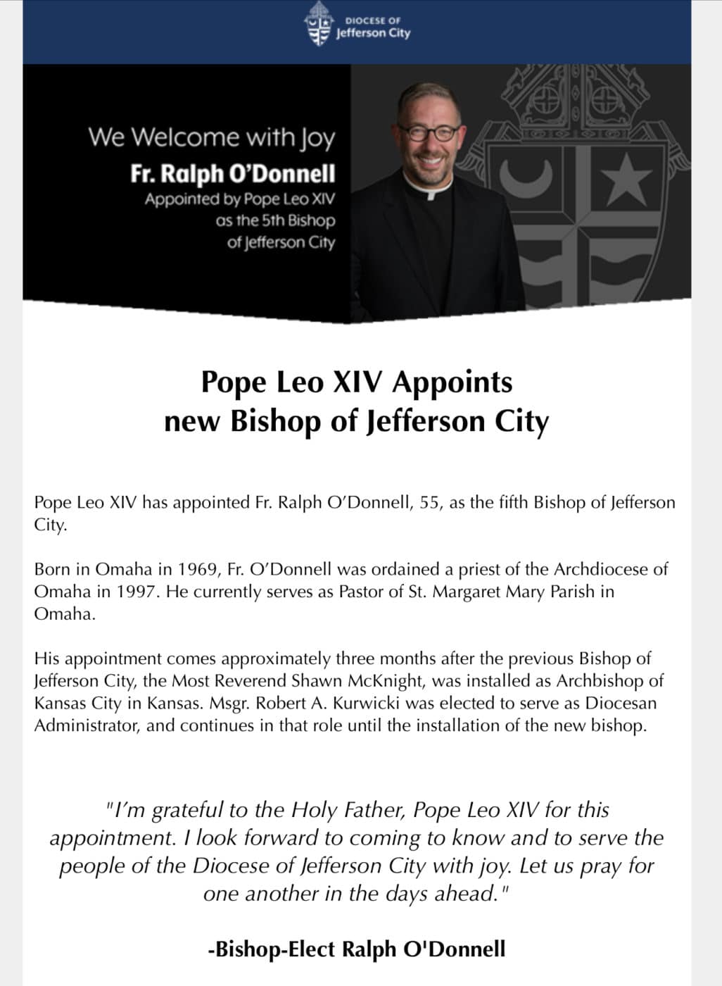 Father Ralph O'donnell Our new bishop | Our Lady of the Lake